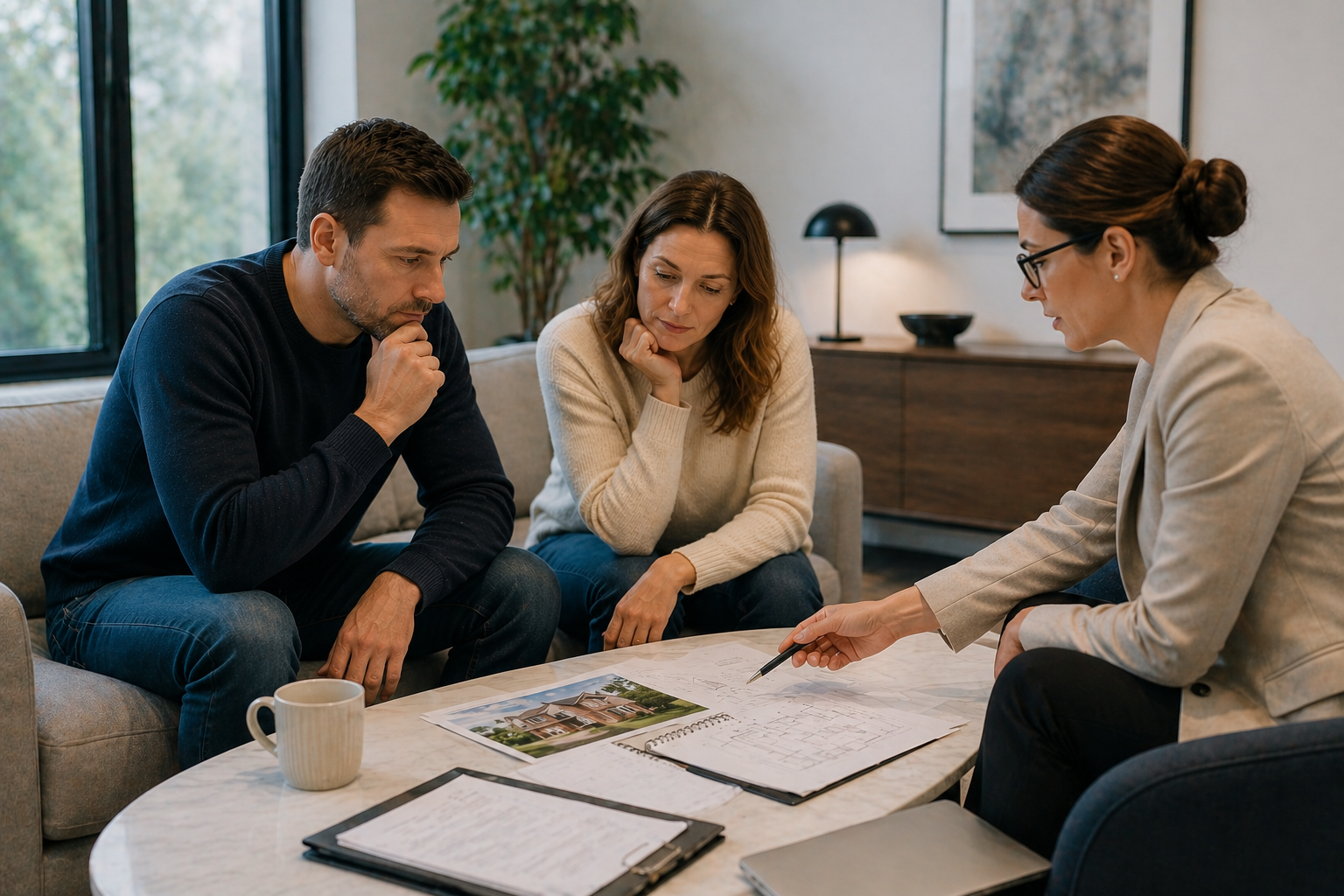 A family sitting together and talking in a calm way, with a mediator supporting the conversation